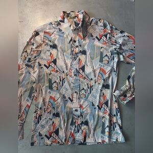 VTG 70s Graphic Button-Up Shirt big collar Subway Scene NYC Brutus L